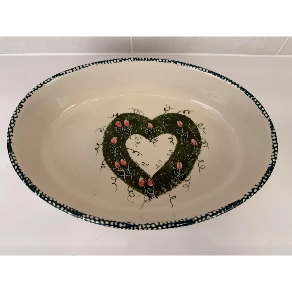 Nesting Bowls Oval Stoneware Heart Tulip Set of 3 Cream Green Country 90s
